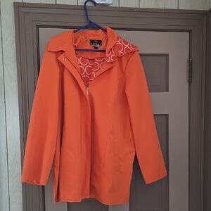 Dennis Basso Orange Rain Coat with Lapel Collar.